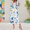 Plus Size Women V Neck Long Sleeve Black Purple Rose Printed A Line Midi Dress With Pockets