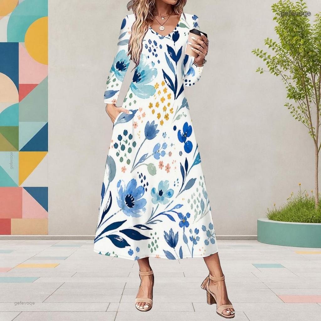 Plus Size Women V Neck Long Sleeve Black Purple Rose Printed A Line Midi Dress With Pockets