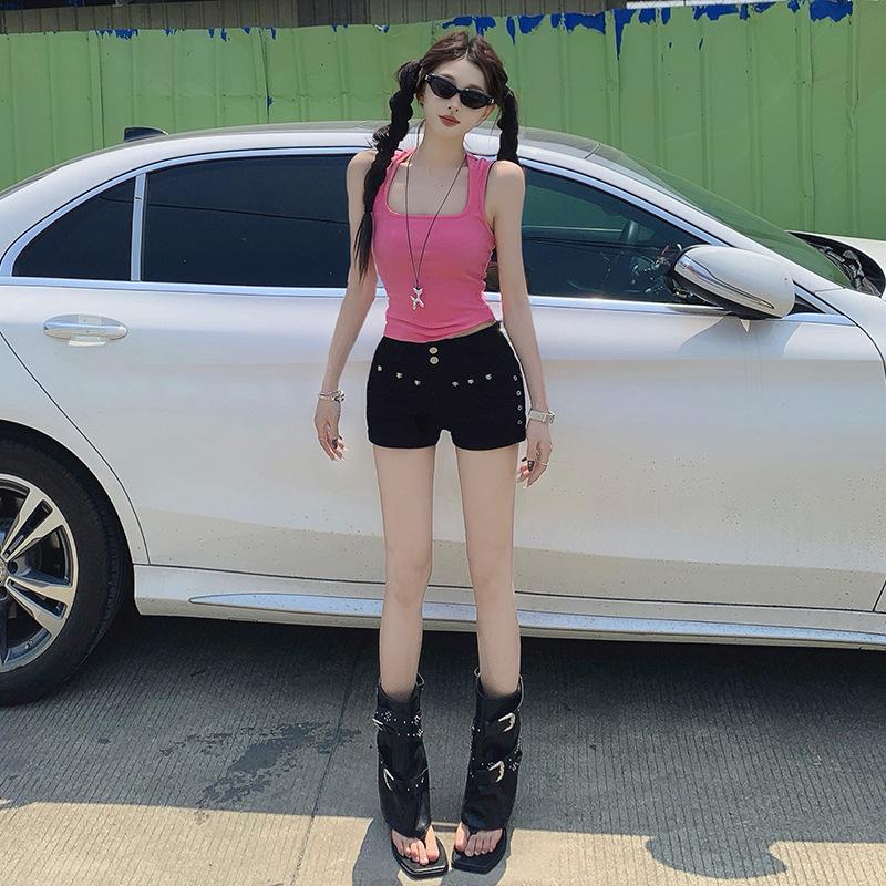 Women s 2025 American Spicy Girl High-Waisted Double Button A-Line Denim Shorts Small