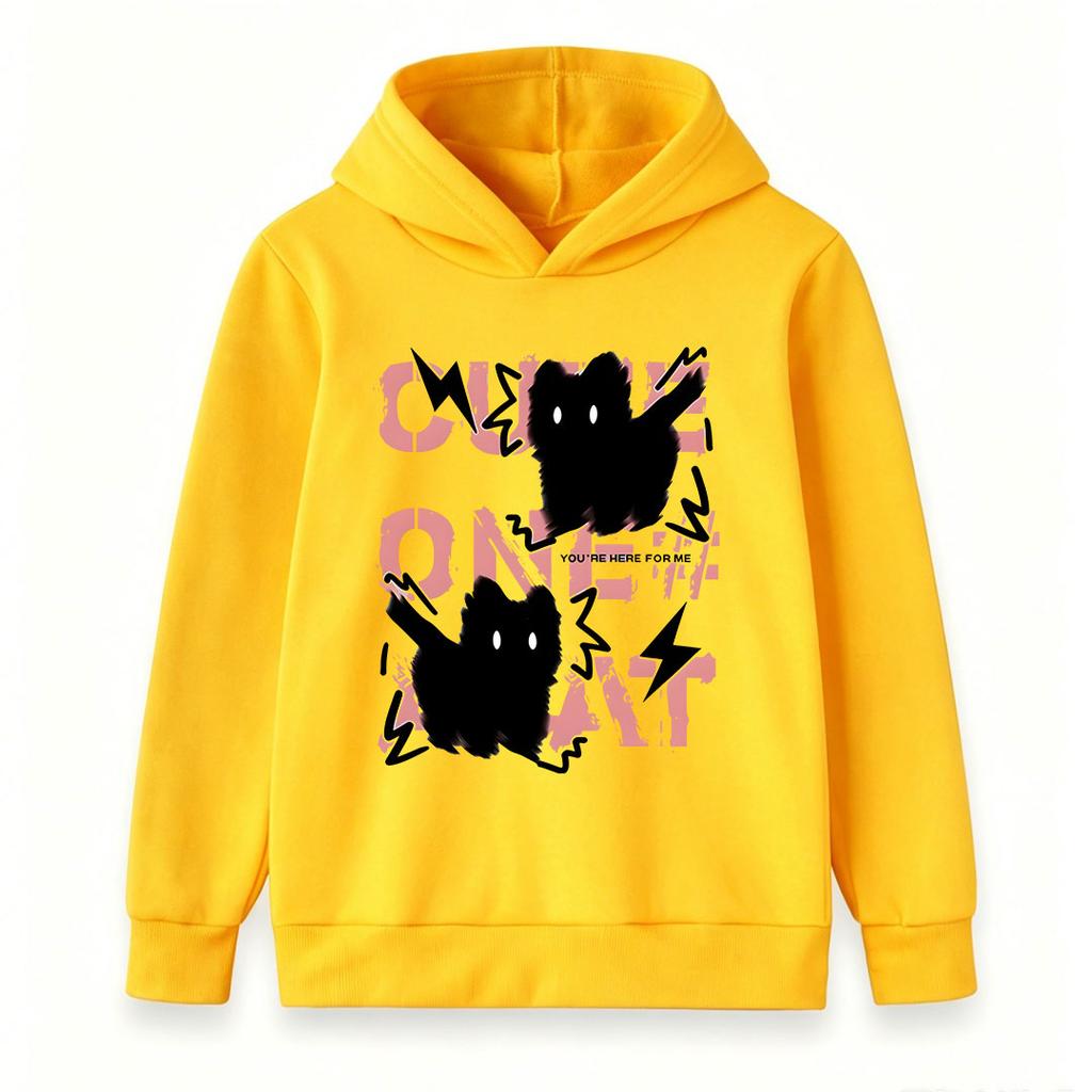 Kids Boys Girls Hoodie Sweatshirt, Cute Fluffy Black Cat Print Pullover, Casual Long Sleeve Loose Fit Hooded Tops for Daily Street Wear