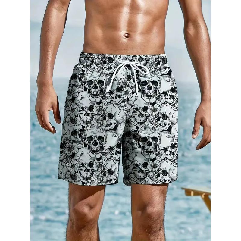 Men's Casual Floral Skull Print Men's Fashion Summer Drawstring Shorts With Pockets Beach And Leisure Shorts