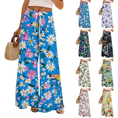Damen Lockere Lässige Hose mit Blumenmuster, Weitem Bein, Elastischem Bund, Kordelzug und Taschen