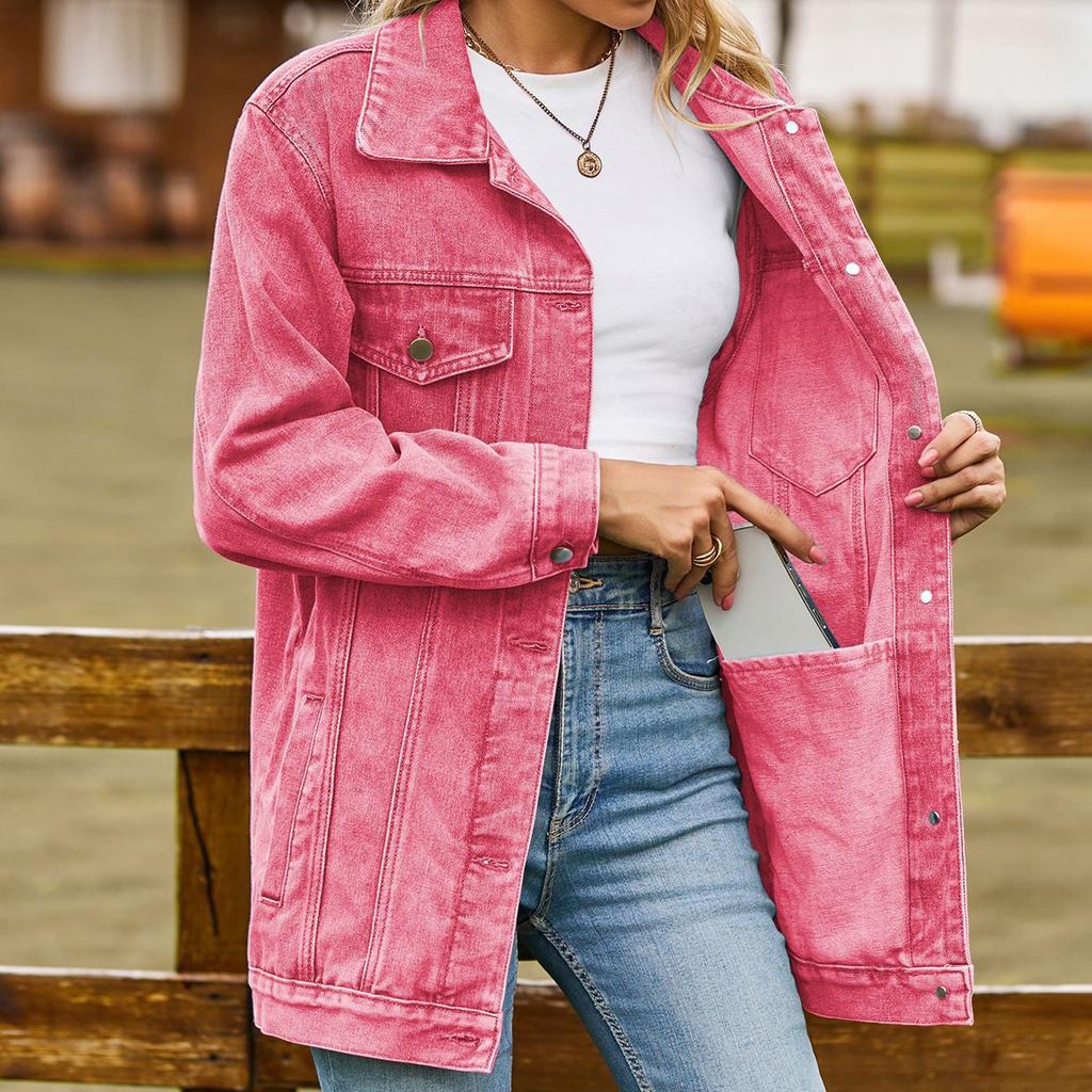 Women's Fashionable Versatile Classic Retro Color Lapel Long Sleeved Pocket Loose Denim Jacket