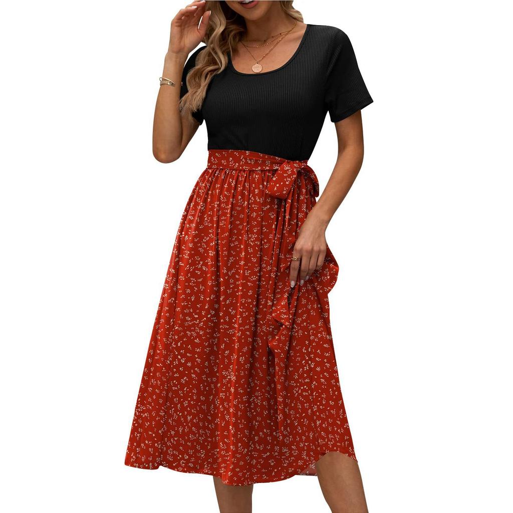 Midikleider Damen Blumendruck Patchworkkleid Kurzarm Rundhals Bequemes Alltagspartykleid