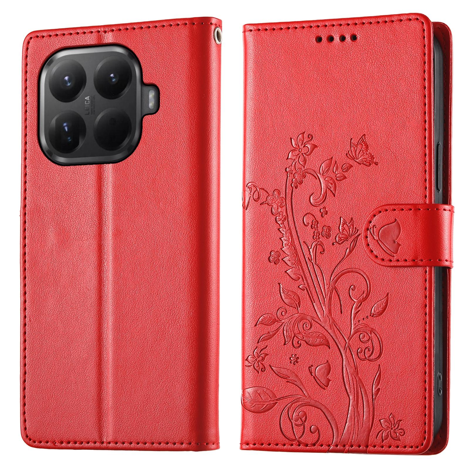 

For Xiaomi 15T Pro Wallet Case Butterfly Floral Imprint PU Leather Phone Cover with Wrist Strap