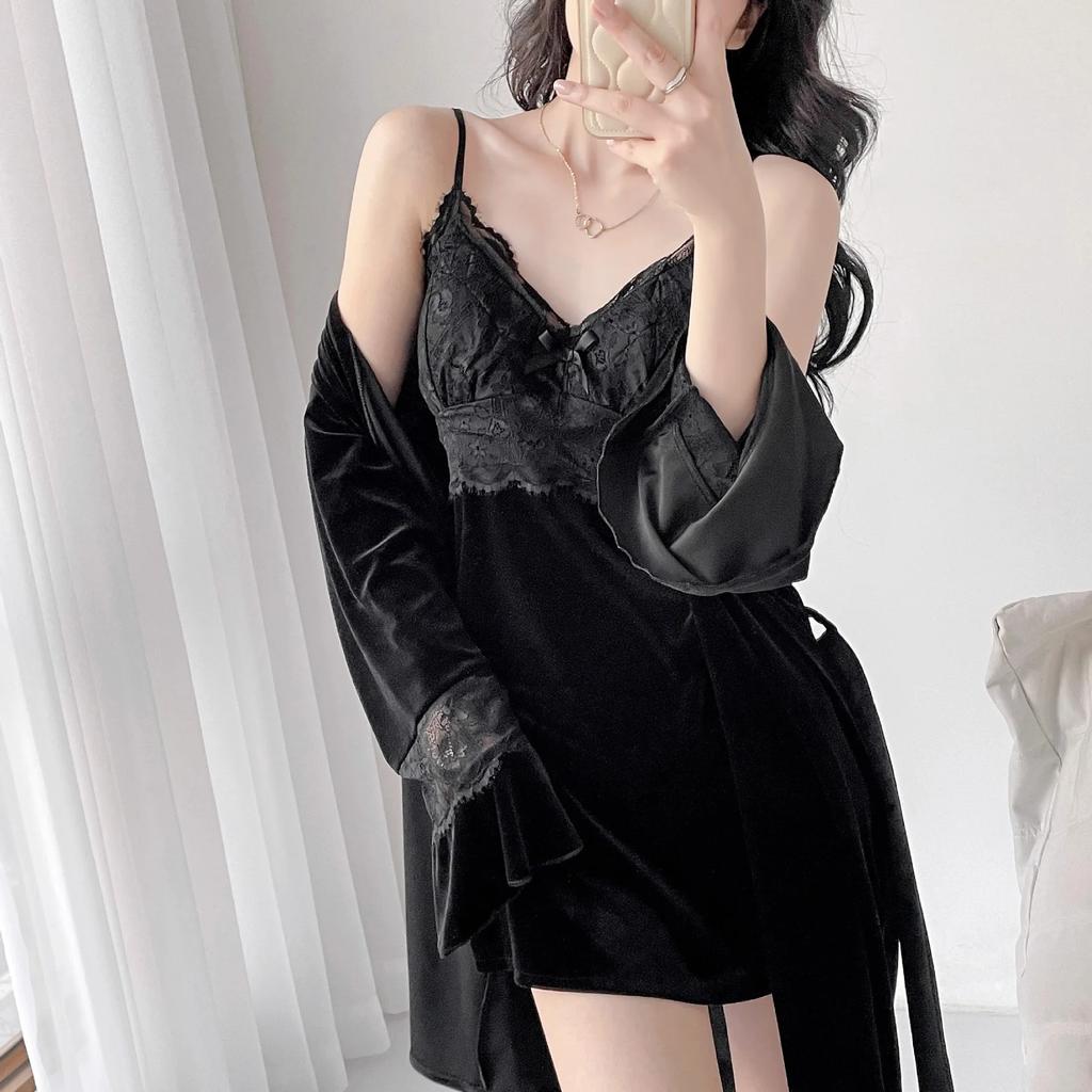Jesienna Damska Bielizna Nocna Aksamitny 2-częściowy Zestaw Szlafroków Seksowna Czarna Koszulka Nocna na Ramiączkach Lounge Wear Lingerie Koronkowa Koszula Nocna Odzież Domowa