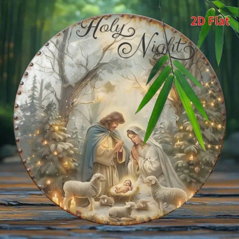 Vintage Catholic Nativity Scene Tin Sign 8 Inch Religious Wall Art Aluminum Metal Decor Indoor Outdoor Home Christmas Round