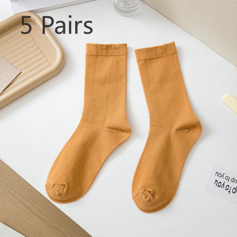 5 Pairs Socks Women's Mid-calf Socks Autumn and Winter Solid Colour Cotton Thickened White Thigh-high Stacked Socks Morandi Bone-less Monthly Socks