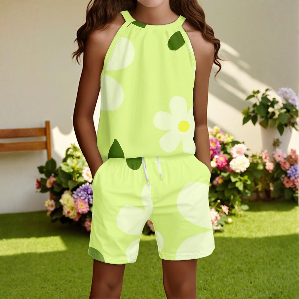 Children's Casual Fashion Round Neck Sleeveless  Top Shorts Set