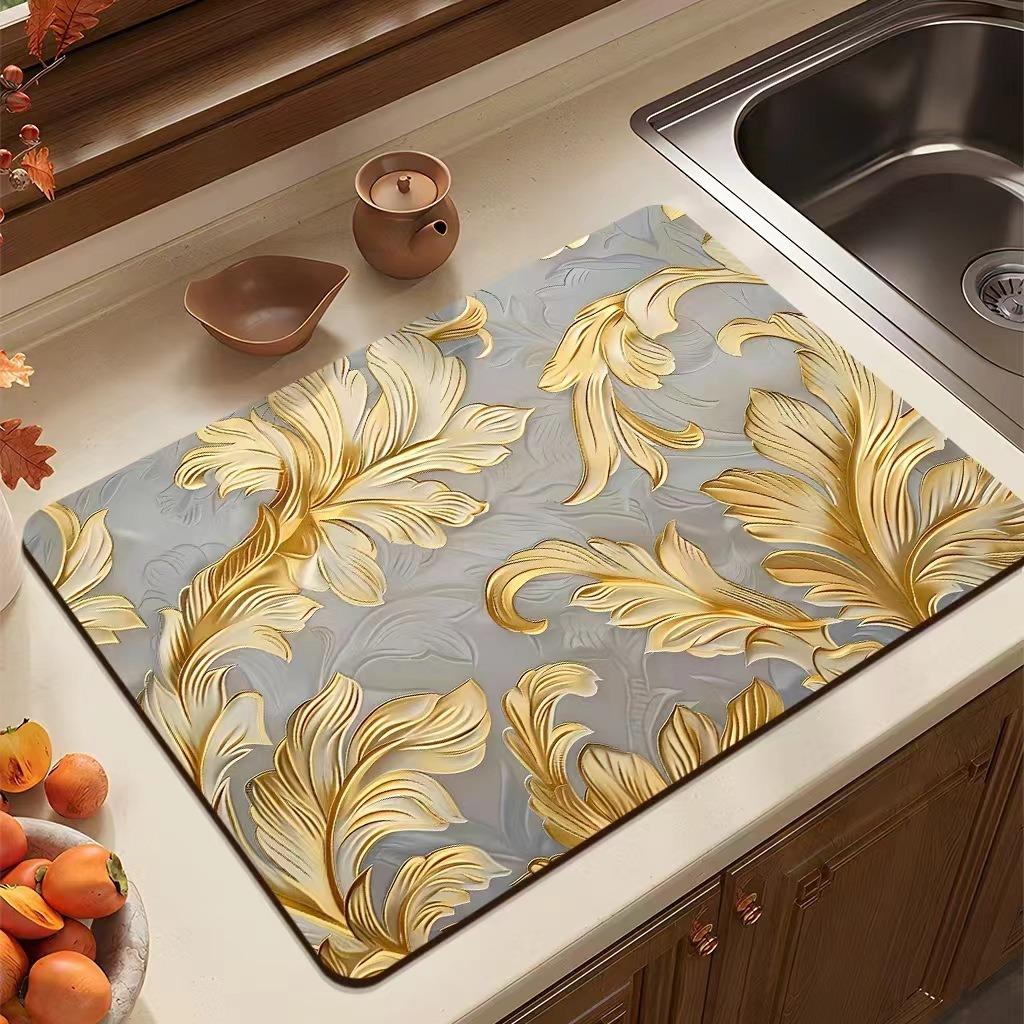 Flower Printed Drain Pad Rectangular Coffee Machine Drying Mat Absorbent Drain Dish Pads Tableware Sink Rugs Placemat
