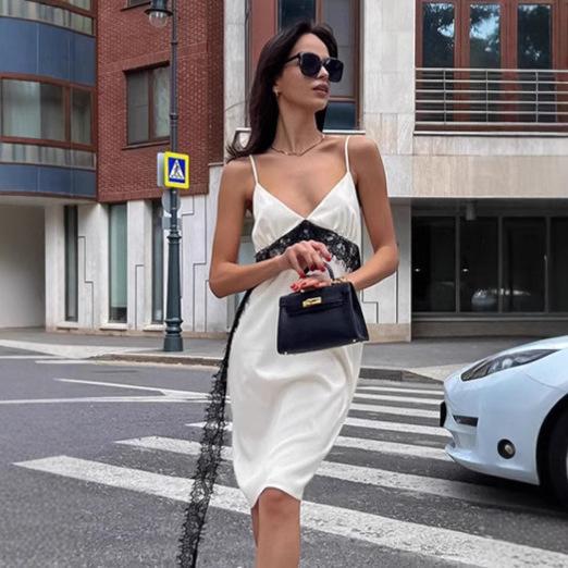 European and American design sense lace splicing suspender skirt women's summer sexy satin dress wholesale women's clothing