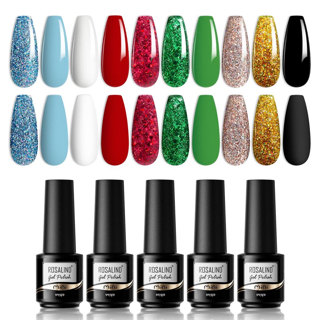 ROSALIND 10PCS Gel Nail Polish Set Solid Color Nail Bottom Adhesive and Top Coat UV LED Lamp Nail Supplies.