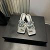 Sandals Women's Summer New High-end Large Rhinestone Niche Design Outer Wear Cat Heel Square Head Casual Cool Slippers Women