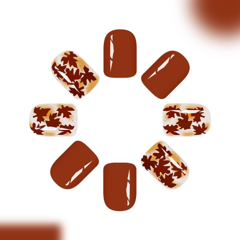 24 Stück Aufdrück-Nagelspitzen Europäischer Stil Ahornblatt Kurz Quadratische Form Künstliche Fingernägel mit Glanzbeschichtung
