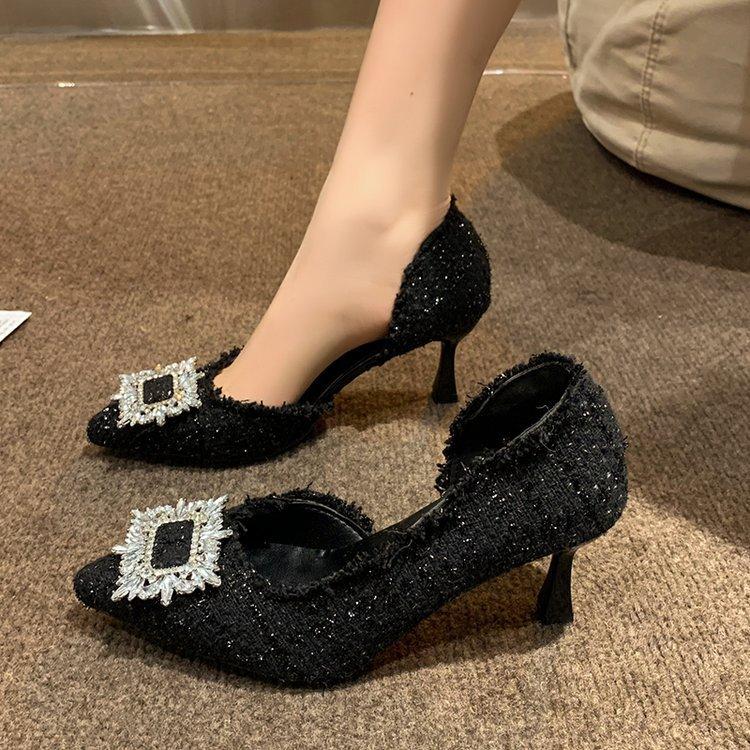 

Fashion single shoes 2025 summer European and American fashion new pointed head shallow mouth rhinestone hollow high heel pedal women s shoes 40 чорний