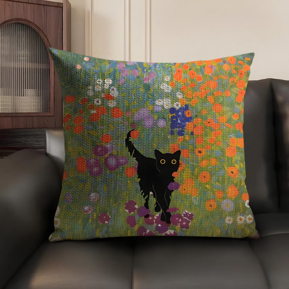 Black Cat Oil Painting Cushion Cover Summer Breathable Linen Organic Fabric Double-Sided Printing Sofa Pillow Case Home Decor
