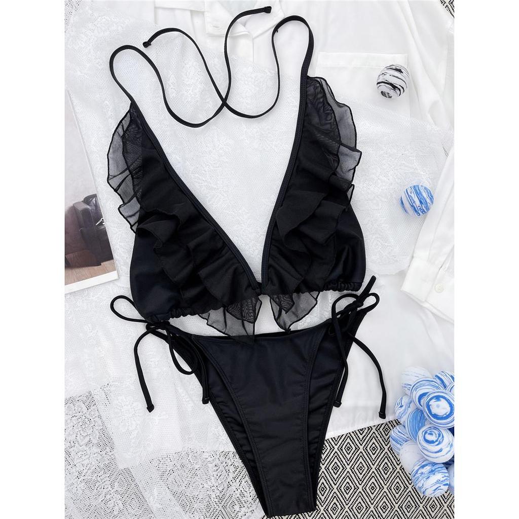 3 farben Rüschen Tiefem V Halter Bikini Frauen Bademode Weiblichen Badeanzug Zwei-stück Bikini set Badende Badeanzug schwimmen Dame