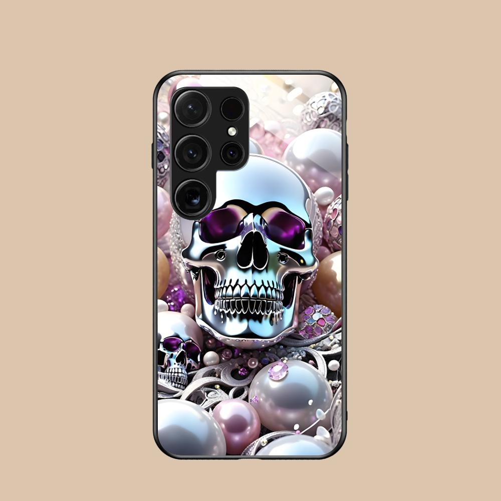 Silberne Totenkopf Glas Handyhülle für Samsung Galaxy S26 S25 S24 S23 S22 S21 S20 Note20 Plus FE Ultra Bunte Abdeckung