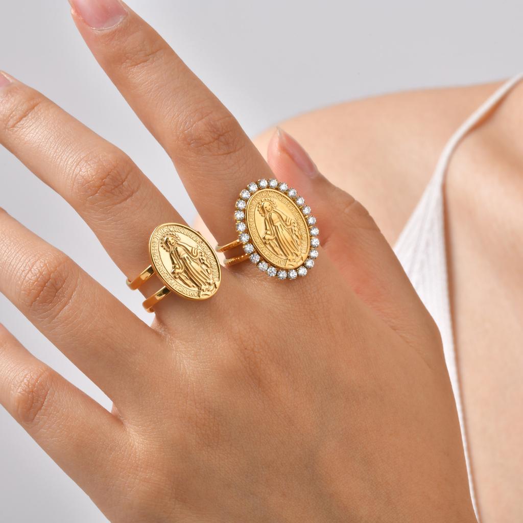 Virgin Mary Ring Oval Zircon Stainless Steel Catholic Religious Jewelry Gift for Women Faith Ring Baptism Gift