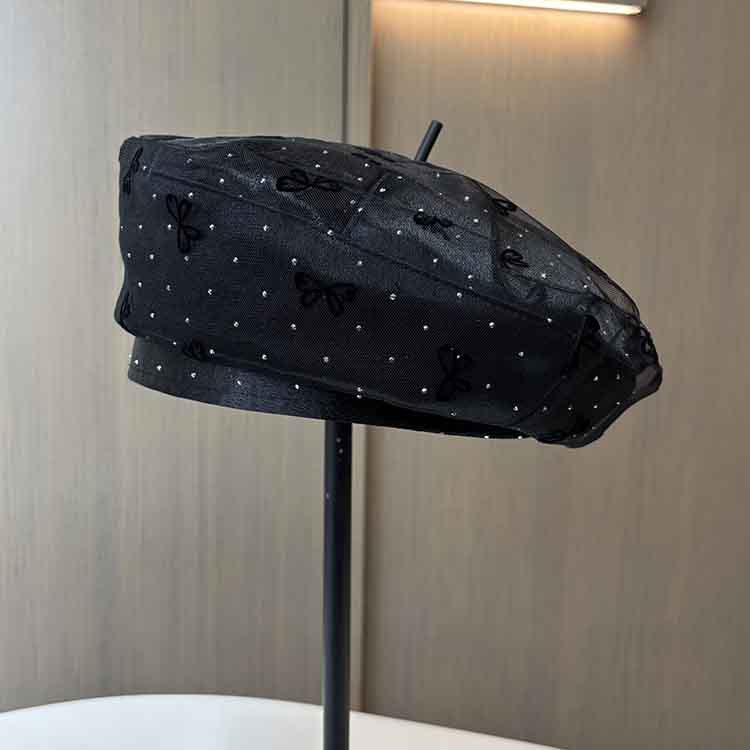 Mesh Rhinestone Light Luxury Beret Women'S Summer Breathable Octagonal Hat Embroidery Bow Painter Hat
