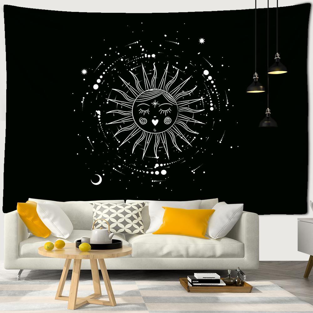 Black White Sun Moon Starry Sky Tapestry Witchcraft Beach Towel Galaxy Planet Constellation Tapestry Boho Decor Hippie Wall Hang