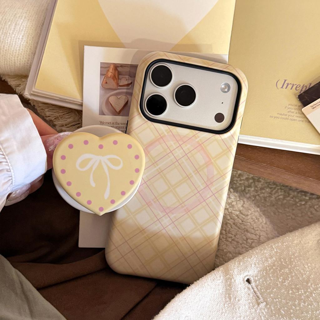Korean-style magnetic stand case for Apple iPhone 17 Pro Max, suitable for 16 with plaid pattern and bow, 15 matte finish, 14 shockproof