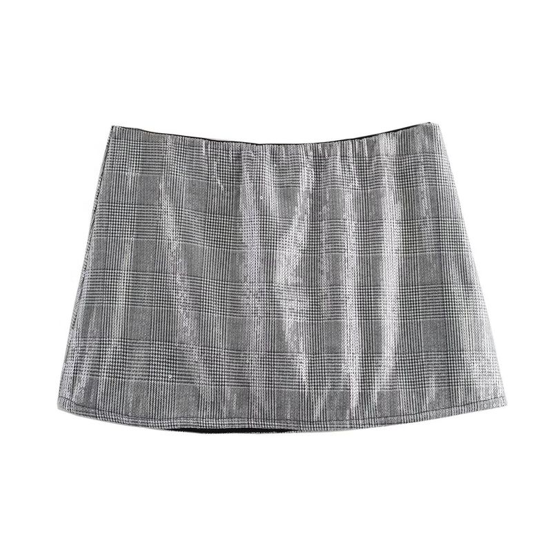 

Kaslead New Women clothes Western Style Versitile Fashion Plaid Sequined Sexy Low Waist Skirt Silver L