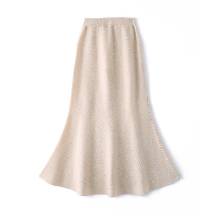 Women's Mid-Length Fishtail Wool Skirt: Elastic Waist, Solid Color, Casual & Versatile