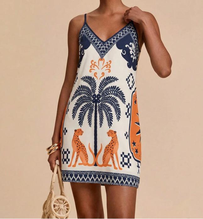 2026 Summer Fashion Casual Spaghetti Strap Printed V-Neck Slim Fit Dress for Women