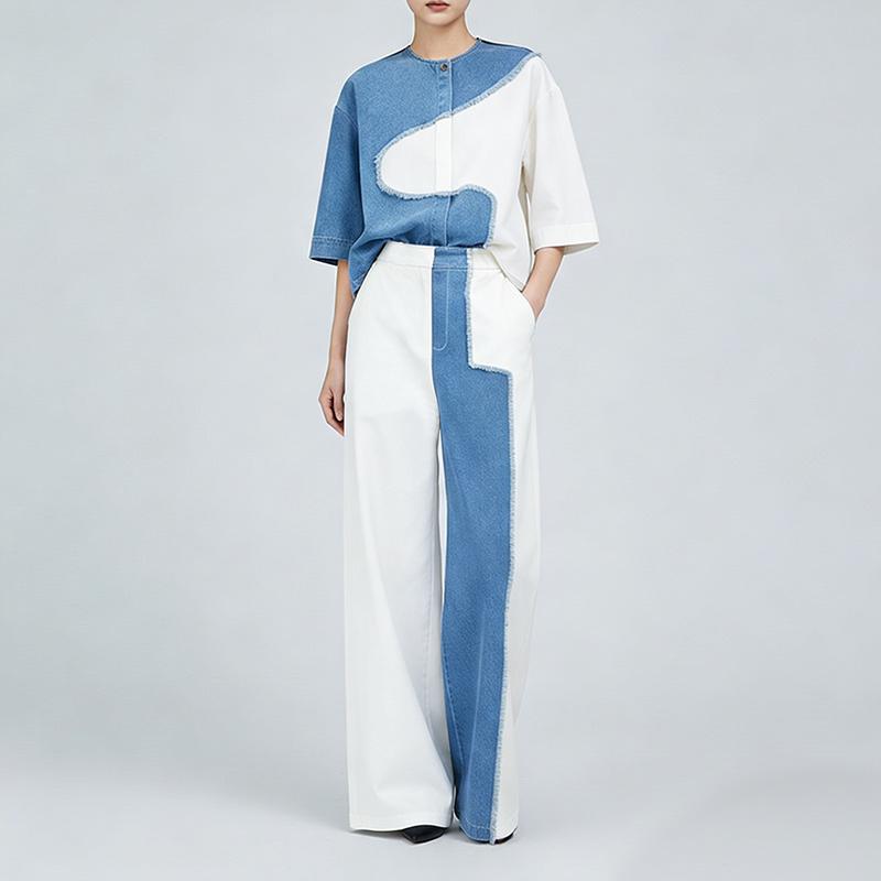 ZANZEA Women Half Sleeve Blouse and Long Pants Patchwork Casual Two Piece Suit Sets