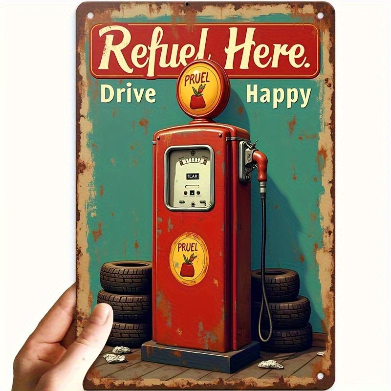 

Vintage Gas Station Iron Sign Rustic Red Pump Tires Design Refuel Here Decor with Drive Happy Text Perfect for Bars 20x30cm（7.8x11.8inch）