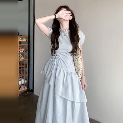 Beautiful Color Short-sleeved Dress Women 2026 Small Person Pleated Slimming Temperament Cake Long