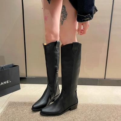 Fashion Black Knee High Western Cowboy Boots Women 2024 Autumn Trendy Pleated Slip On Booties Botas Ladies Pointed Toe Shoes