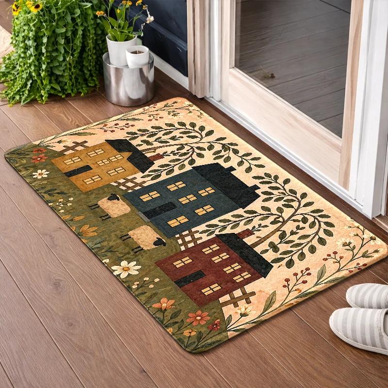 1Pcs Anti Fatigue Kitchen Rugs, 2Pcs, 3Pcs Pastoral House Print Waterproof Non-Slip Thick Cushioned Mat Comfort Standing Mat