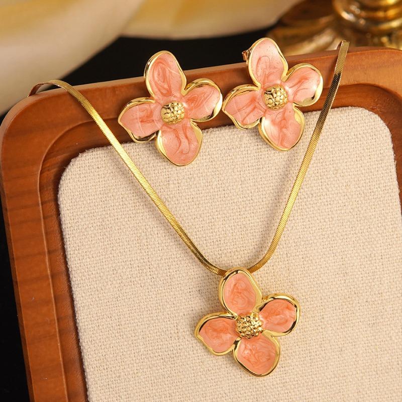 

Elegant Party Stainless Steel Hibiscus Flower Stud Earrings Necklace for Women Girls Vintage Romantic Earrings Zircon Gifts