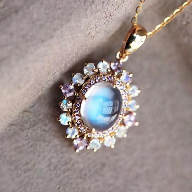 Radiant Colorful Moonlight Stone Necklace For Women  Inlaid Pink Blue Crystal Pendant New In Light Luxury Elegant Jewelry