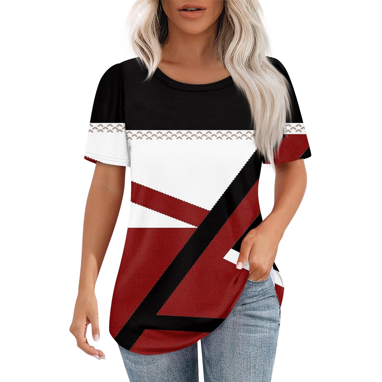 

Футболки для женщин, плиссированные, с круглым вырезом, нарядные, повседневные, блузки с принтом, с коротким рукавом, летние топы, свободный крой S винный