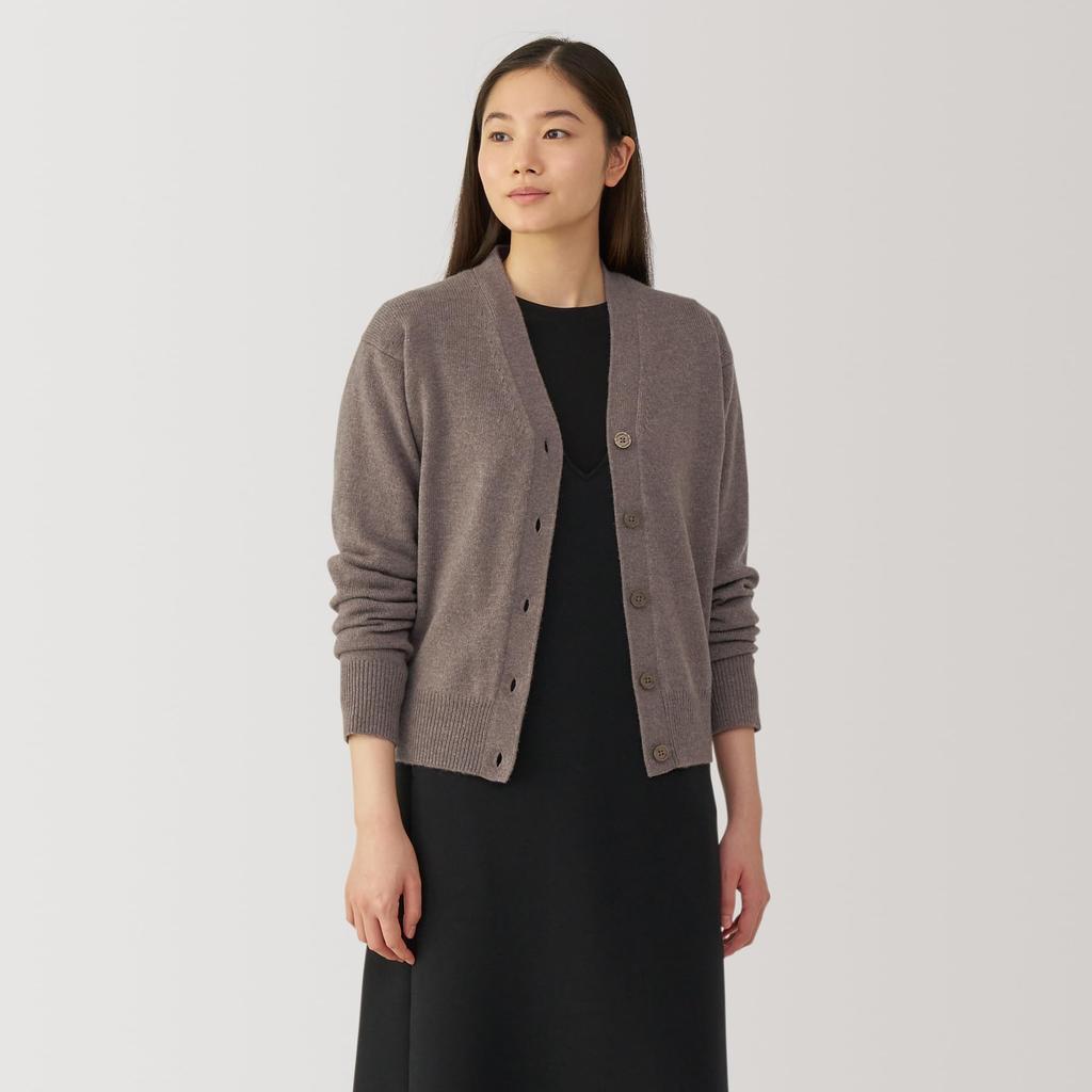 MUJI Washable Wool Dark Mocha Size BA1P5A4A Women's Mid-Gauge V-Neck Cardigan, Brown, XL,