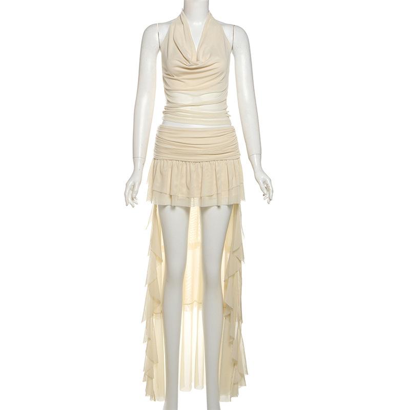 Women's Solid Color Halter Crop Top & Low Waist Ruffle Maxi Skirt Set, Two Piece Party Outfit