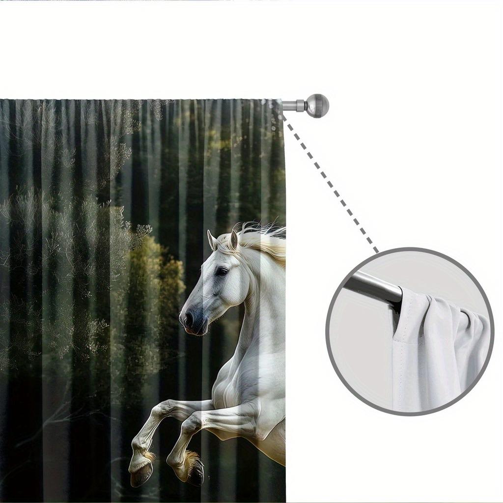 2-piece white horse print curtains   polyester fabric   machine washable   suitable for bedroom and living room decoration