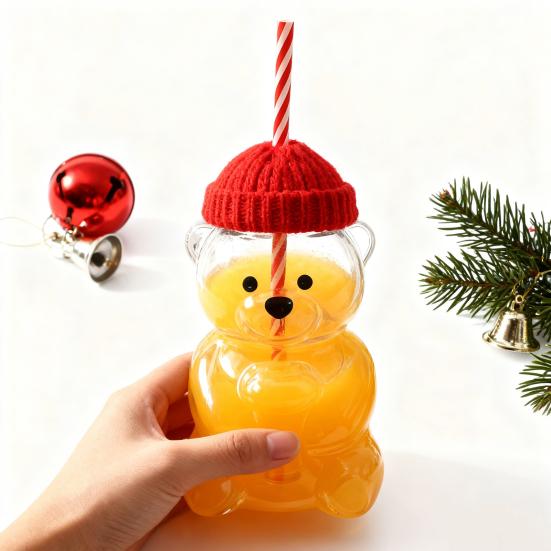 Yousheng Medvídek Pítko s víčkem a brčkem Roztomilý design medvídka Skleněný kelímek na džus, mléko, čaj, smoothie Vhodný do mikrovlnné trouby Kelímek na nápoje pro děti a dospělé