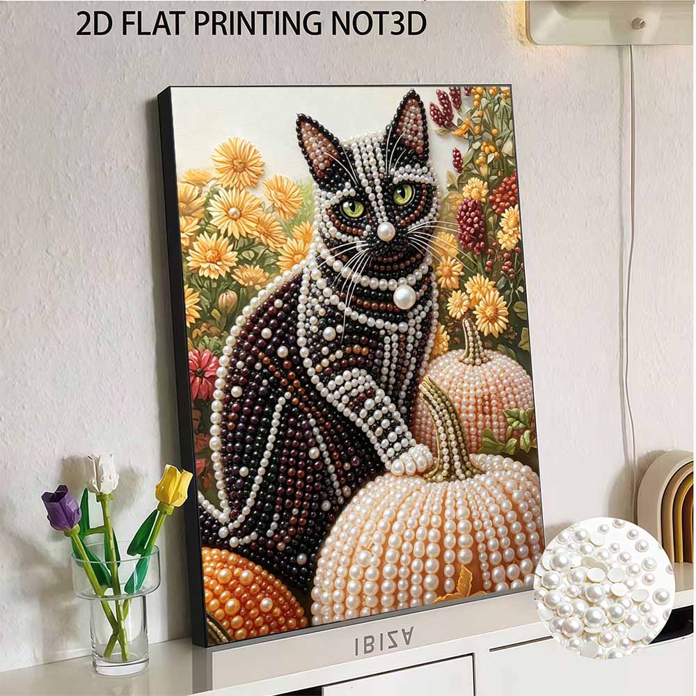 DIY rahmenloses Perlenkunst-Set Schwarze Katze Kürbis Herbstliches Blumenmuster 3D-Perlenmalerei auf Leinwand Entspannendes handgemachtes Bastelset für die Heimdekoration