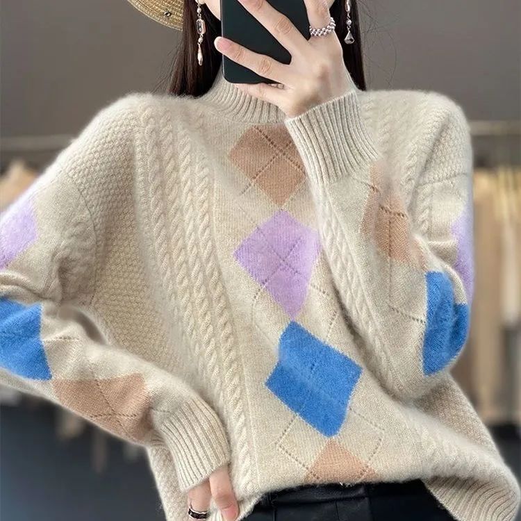 

Женский осенне-зимний модный свитер жаккардового дизайна, свободный женский полувысокий воротник, длинный рукав, трикотажный топ для женщин 3XL хаки