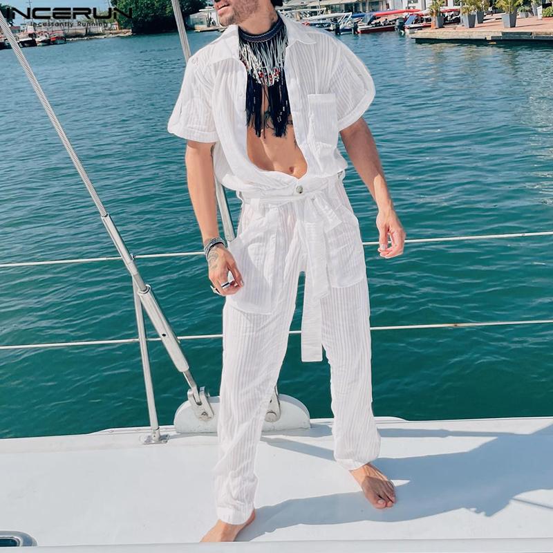 

INCERUN Белый мужской стильный полосатый комбинезон с короткими рукавами