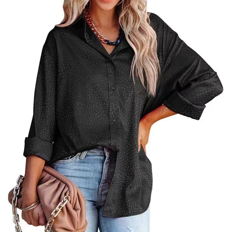 GMXIA Women's Fashion Casual Summer Leopard Print Long Sleeve POLO Neck Blouses & Shirts