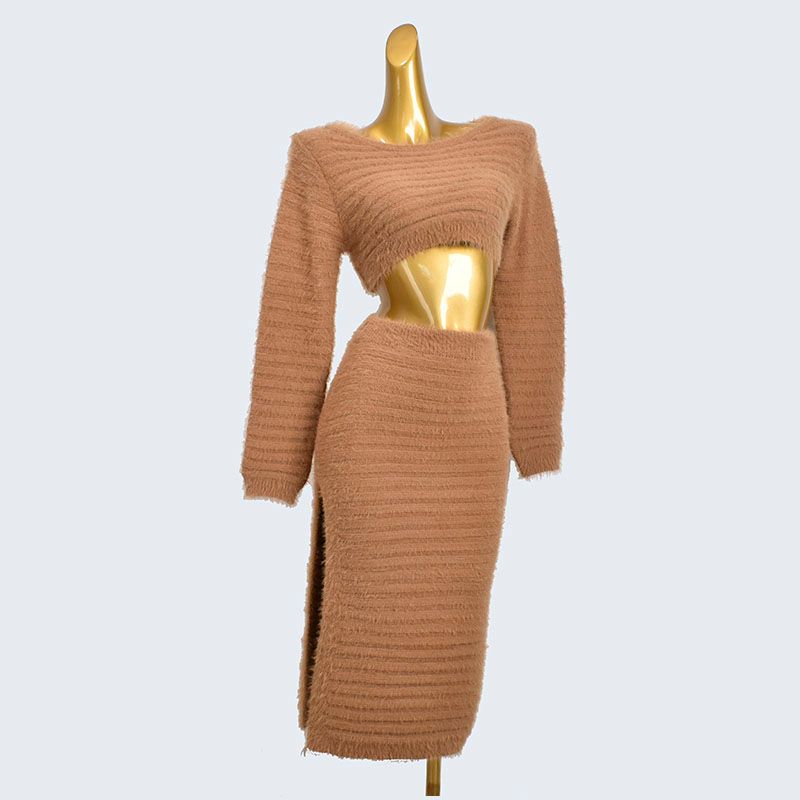 

Pure Desire Style Elegant Fall and Winter New Arrival Imitation Mink Short Sweater Women s High Waist Self-Tie Slit Skirt Two-piece Set Light brown One size