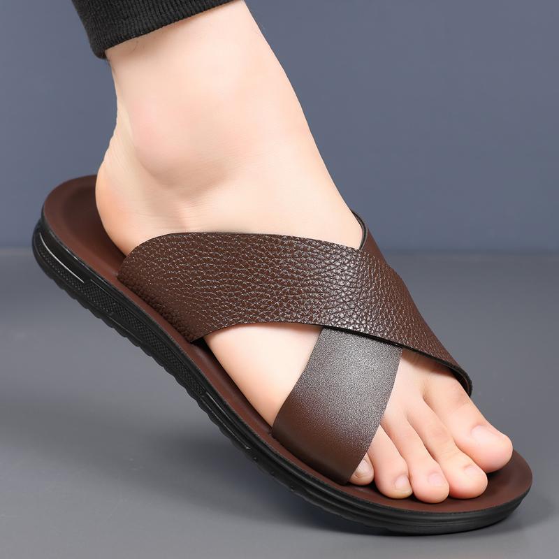 Fashion Classic Design Artificial Leather Slippers Open-toe Non-slip Sandals Man Flats Slides Summer Soft Comfort Beach Vacation Shoes