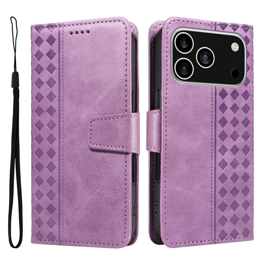 For iPhone 17 Pro Leather Case Wallet Stand Grids Imprinted Phone Cover with Strap
