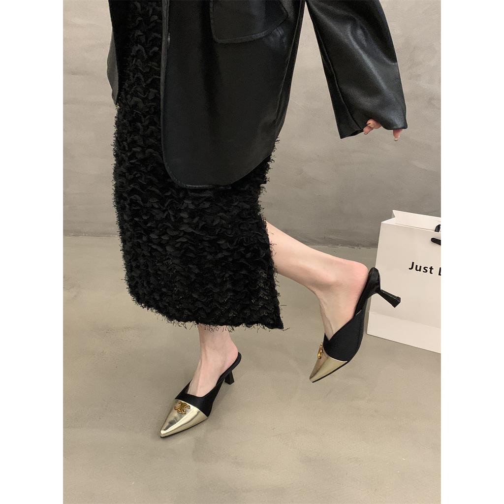 Xiaoxiangfeng bag head and half slippers are worn outside, spring and summer 2025, new thin heels, pointed heads, shallow mouth, high heels, single s