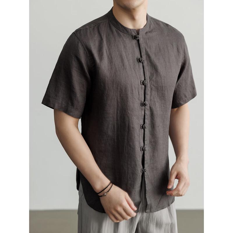 Hengyuanxiang Men's Linen Short-Sleeve Lapel Shirt